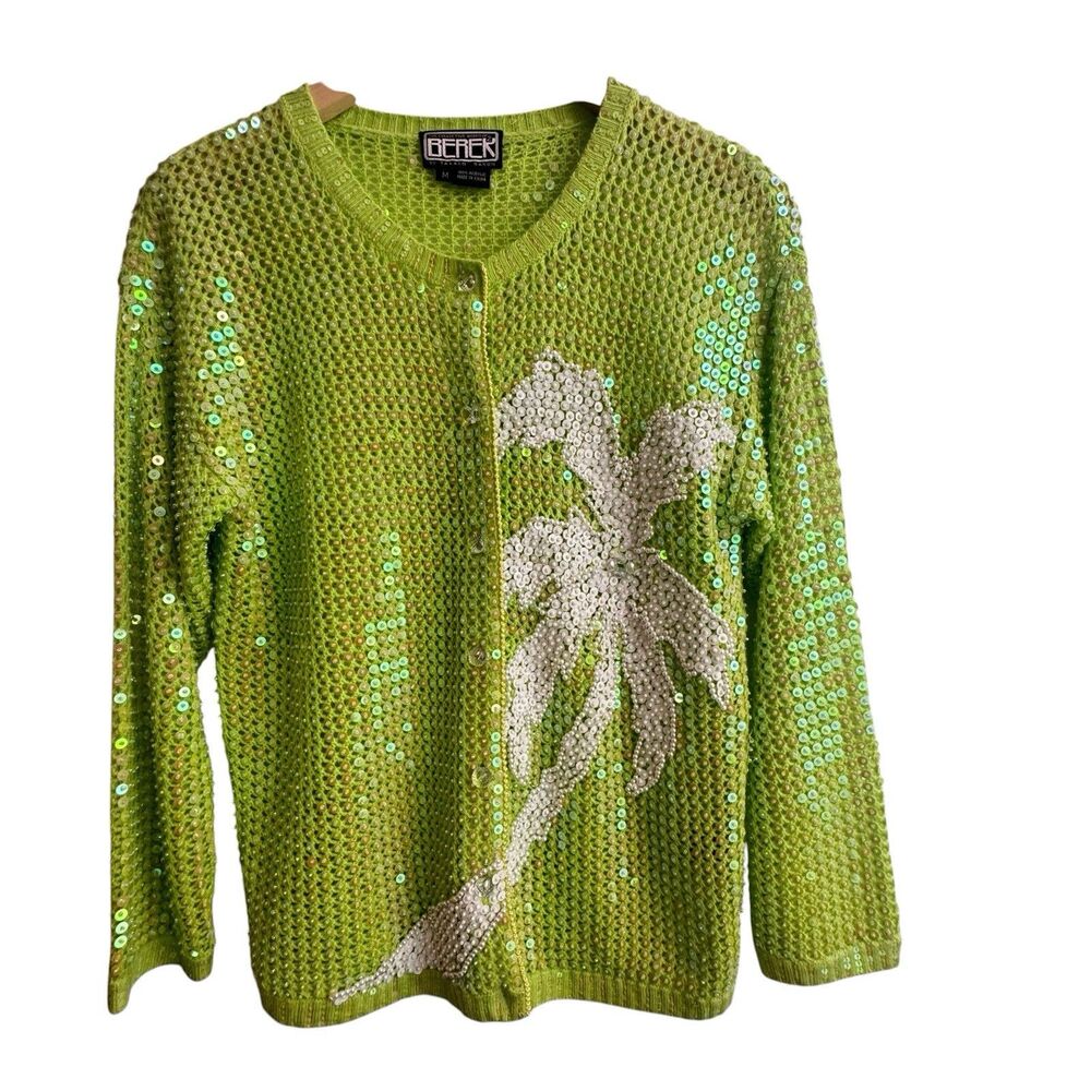 BEREK Lime Green Sequin Palm Tree Cardigan Size M Long Sleeve Tropical PLZ READ